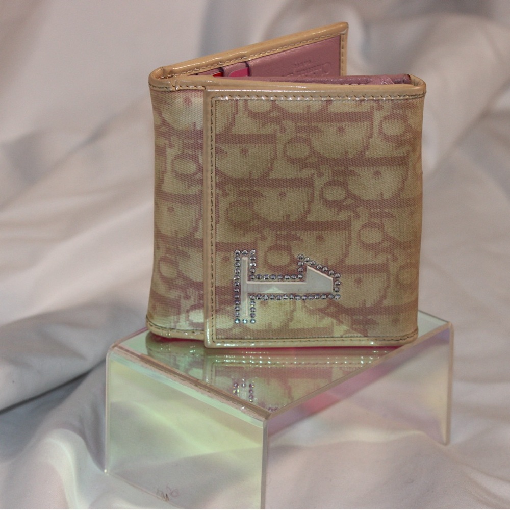 Vintage Dior Baby Pink Trotter Trifold Wallet - pink/white with crystal #1 RARE!
